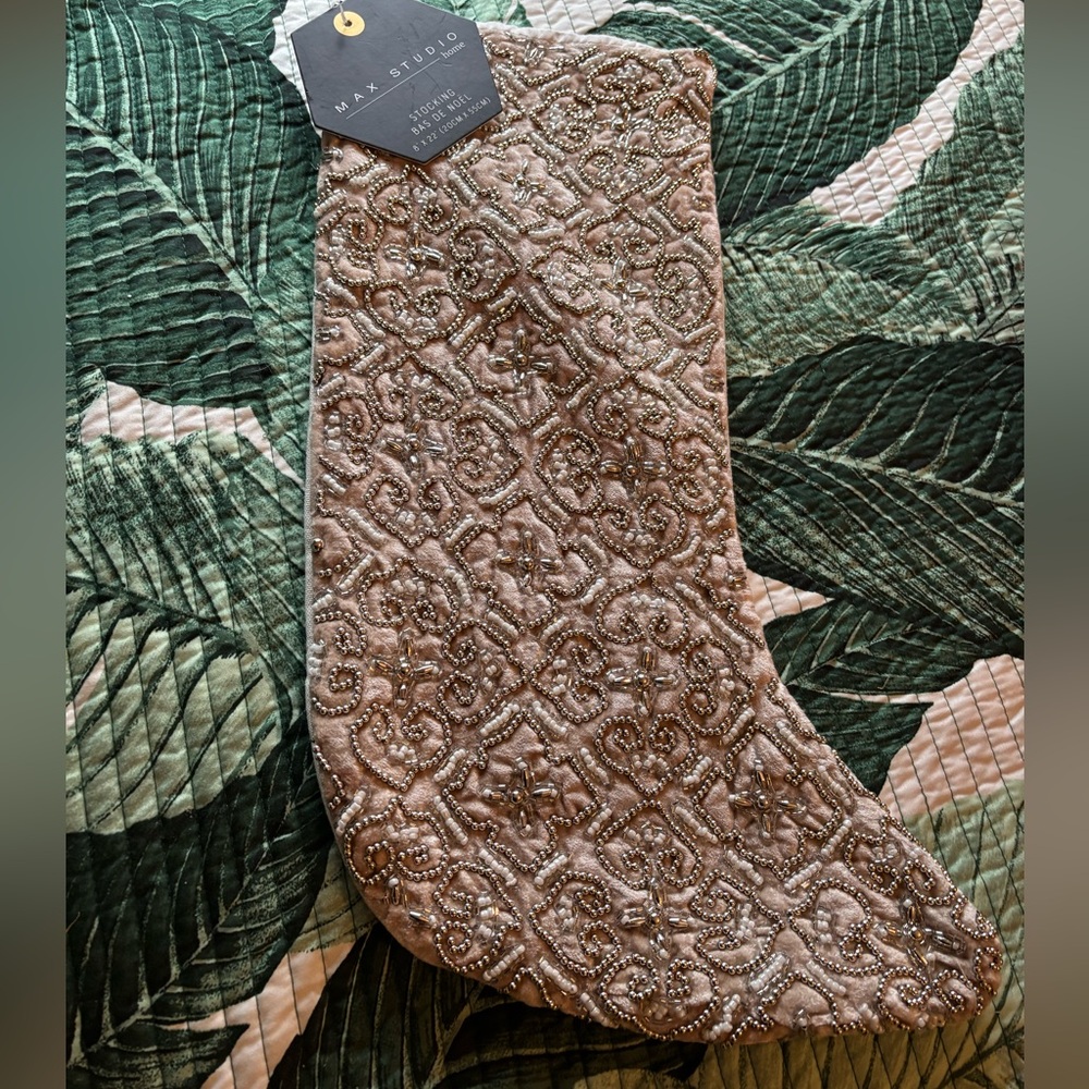 New max studio Christmas tan beaded stocking